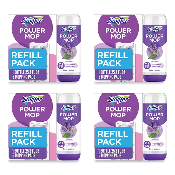 PowerMop Cleaning Solution and Pads Refill Pack, Lavender, 25.3 oz Bottle and 5 Pads per Pack, 4PK